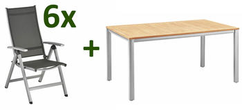 Kettler Granada/Easy Sitzgruppe silber/anthrazit Alu/Textilene Teaktisch 160x95cm 6 Multipo FSC-Teak Tischplatte silber (23386)