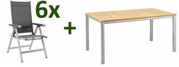 Kettler Granada/Basic Plus Sitzgruppe silber/anthrazit Alu/Teak Teaktisch 160x95cm 6 Multipo FSC-Teak silber (22936)