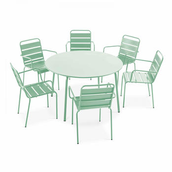 Oviala Round table set & 6 chairs with armrests Green Steel