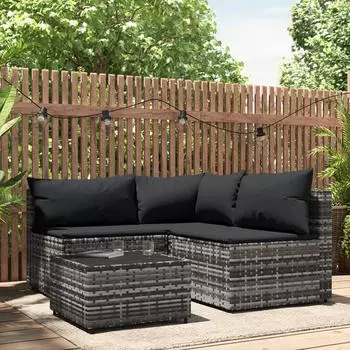 vidaXL 4-tlg. Garten-Lounge-Set mit Kissen Grau Poly Rattan (319765)