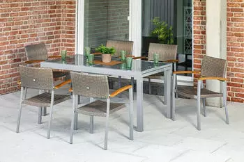 Merxx Silano 7tlg. mit Ausziehtisch 160/220x90cm Aluminiumgestell Silber mit Kunststoffgeflecht Graubeige und Akazienholz