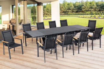 Outflexx Esstischgarnitur anthrazit matt Alu/Spraystone/Teak Tisch 180/280x100cm 10 Stapelsessel Anthrazit (22129)