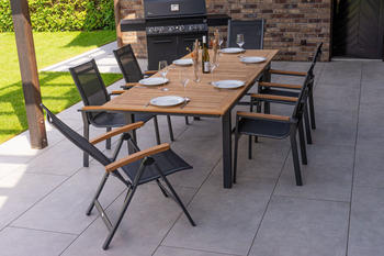 Outflexx Esstischgarnitur anthrazit matt Alu/Teak/Textil Tisch 180/240x100cm 4 Stapelsessel 2 Multipositionssessel (22189)