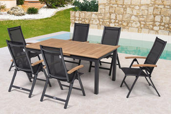 Outflexx Esstischgarnitur anthrazit matt Alu/Teak/Textil Tisch 180/240x100cm 6 Multipositionssessel Anthrazit (22185)