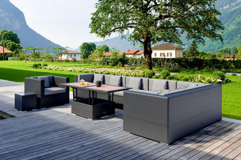 Outflexx Loungem&ouml;bel-Set schwarz Polyrattan f&uuml;r 8 Personen inkl. Loungetisch wasserfeste Kissenbox Schwarz (1380-BOX-D)