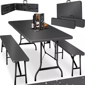 Kesser Bierzeltgarnitur 3 teilig Set mit Tragegriff (Tisch und 2x Bank) klappbar Kunststoff schwarz