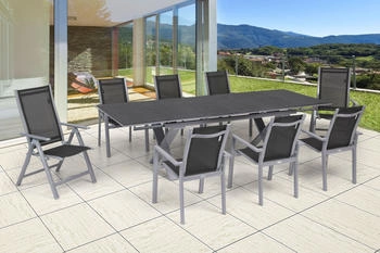 Outflexx Esstischgarnitur silber Alu/Keramik/Textil Tisch 180/280x100cm 6 Stapelsessel 2 Multipositionssessel Silber (22218)