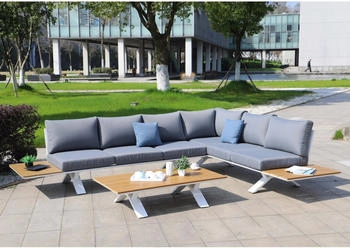 MCW Aluminium Garten-Garnitur MCW-M62 HolzoptikGestell wei&szlig; Polster hellgrau