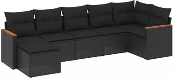 vidaXL Gartenlounge-Set, 7-tlg. Garten-Sofagarnitur mit Kissen Schwarz Poly Rattan (3226188)