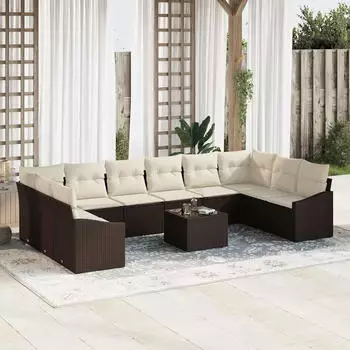 vidaXL Garten Sofa Set 11-tlg. Beige Poly Rattan Garten Sofa (3355577)