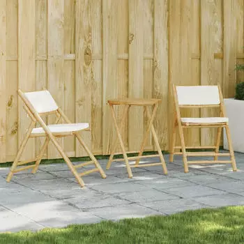 vidaXL 3-tlg. Bistro-Set Klappbar mit Cremeweißen Kissen Bambus (3208933)