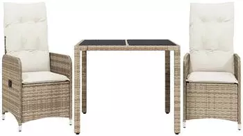 vidaXL Set 3-tlg. Garten-Bistro-Set mit Kissen Beige Poly Rattan (3277095)