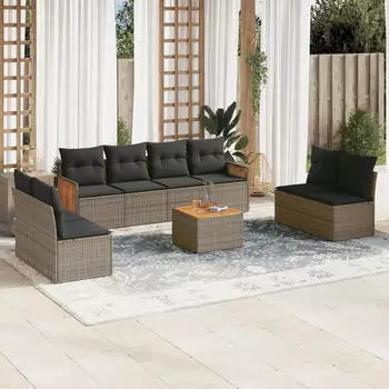 vidaXL Gartenlounge-Set 8-tlg. Garten-Sofagarnitur mit Kissen Grau Poly Rattan, ( -tlg), Grau (3259974)
