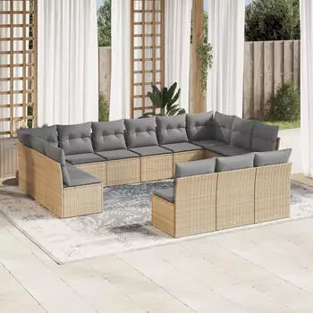 vidaXL 13-tlg. Garten-Sofagarnitur mit Kissen Beige Poly Rattan (3250227)