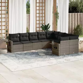 vidaXL Gartenlounge-Set, 10-tlg. Garten-Sofagarnitur mit Kissen Hellgrau Poly Rattan (3252989)