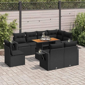 vidaXL 9-tlg. Garten-Sofagarnitur mit Kissen Schwarz Poly Rattan (3327163)