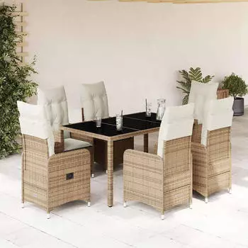 vidaXL Set 7-tlg. Garten-Bistro-Set mit Kissen Beige Poly Rattan (3277100)
