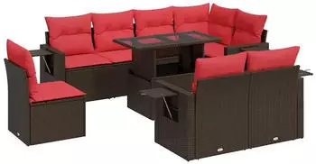 vidaXL Garten-Sofagarnitur 9-tlg. Poly Rattan Akazie Braun mit Kissen (3326505)