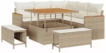 vidaXL Garten-Sofagarnitur 8-tlg. mit Kissen, Poly Rattan/Akazie, Beige