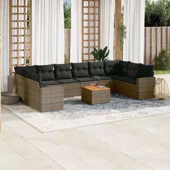 vidaXL Garten-Sofagarnitur 11-tlg. mit Kissen, Poly Rattan, Schwarz (3256622)