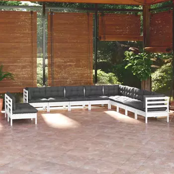 vidaXL Garten-Lounge-Set 11-tlg. graue Kissen Massivholz Kiefer (3096850)