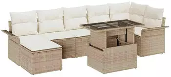 vidaXL Garten-Sofa-Set mit Kissen, 8-teilig, Poly Rattan, Beige (3357064)