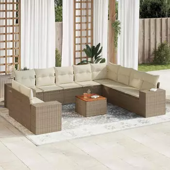 vidaXL Garten-Sofagarnitur 11-tlg. mit Kissen, Poly Rattan, Schwarz (3225517)