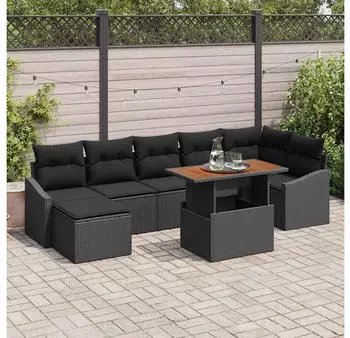 vidaXL Garten-Essgruppe mit Kissen 8-tlg. Poly Rattan/Akazie Schwarz/Braun (3349869)