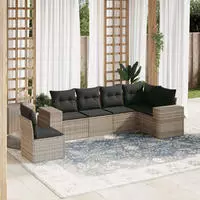 vidaXL 7-tlg. Garten-Sofagarnitur mit Kissen Grau Poly Rattan