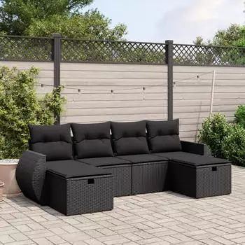 vidaXL Garten-Sofagarnitur 6-tlg. mit Kissen, Poly Rattan, Schwarz (3325621)