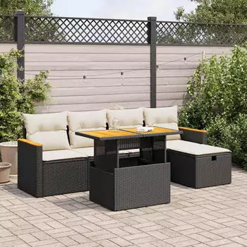 vidaXL Garten-Sofagarnitur 6-tlg. mit Kissen, Poly Rattan, Schwarz (3328106)