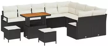vidaXL Gartenlounge-Set 12-tlg. mit Kissen, Poly-Rattan/Akazie, Schwarz (3362565)