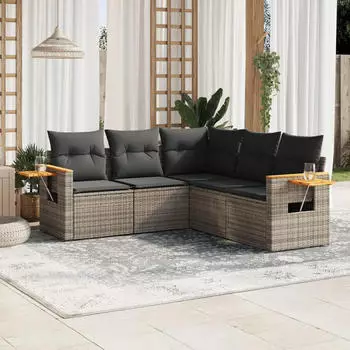 vidaXL Garten-Sofagarnitur 5-tlg. mit Kissen, Poly Rattan, Beige (3259203)