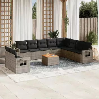 vidaXL Garten-Sofagarnitur 11-tlg. mit Kissen, Poly Rattan, Schwarz (3256965)