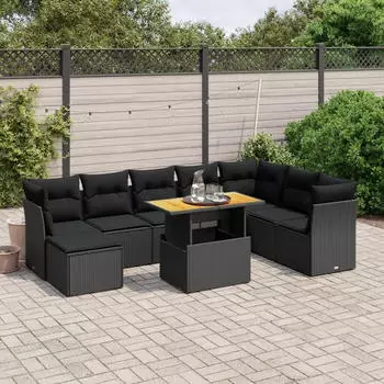 vidaXL Garten-Sofagarnitur 9-tlg. mit Kissen, Poly Rattan, Beige (3275515)