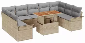 vidaXL Garten-Essgruppe 10-tlg. Poly Rattan/Akazie, Kissen Beige/Hellgrau (3349377)
