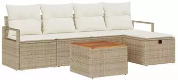vidaXL Gartensofa-Set 6-teilig mit Kissen und Stauraum Poly Rattan Beige (3360865)