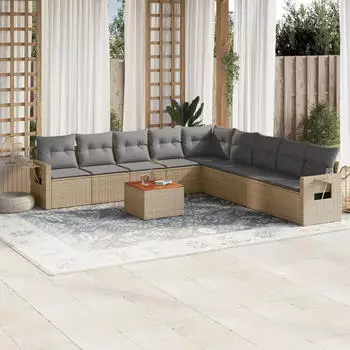 vidaXL Garten-Sofagarnitur 10-tlg. mit Kissen, Poly Rattan, Beige (3256940)