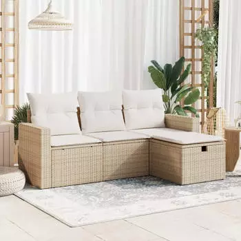vidaXL Garten-Sofagarnitur 4-tlg. mit Kissen, Poly Rattan, Schwarz (3325351)