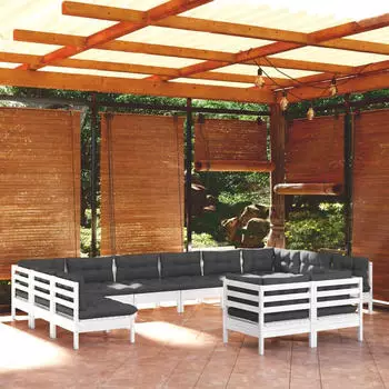 vidaXL Garten-Lounge-Set 12-tlg. mit Kissen, Kiefer Massivholz, Wei&szlig; (3097272)