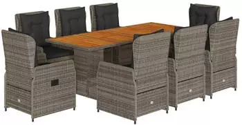 vidaXL Garten-Essgruppe 9-tlg. mit Kissen, Poly Rattan, Grau (3262786)