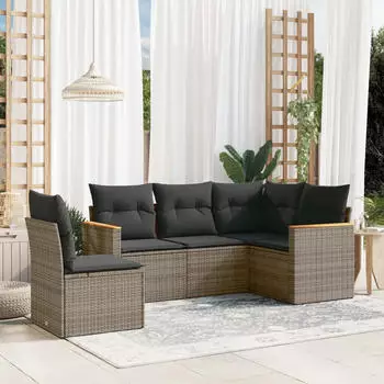 vidaXL Garten-Sofagarnitur 5-tlg. mit Kissen, Poly Rattan, Schwarz (3258373)