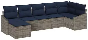 vidaXL Garten-Sofa-Set 7-tlg. Poly-Rattan Grau/Marineblau (3355484)