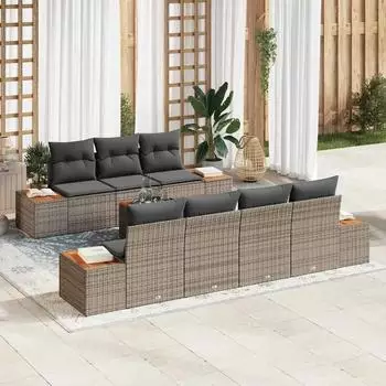 vidaXL Garten-Sofa-Set 8-tlg. mit Kissen Poly-Rattan/Akazie Grau (3348040)