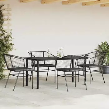 vidaXL Garten-Essgruppe 5-tlg. mit Kissen, Poly Rattan/Glas, Schwarz (3334600)