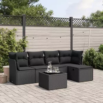vidaXL Garten-Sofagarnitur 5-tlg. mit Kissen, Poly Rattan, Schwarz (3325262)