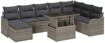 vidaXL Garten-Sofa-Set mit Kissen & Stauraum, 9-teilig, Poly Rattan, Grau (3357252)