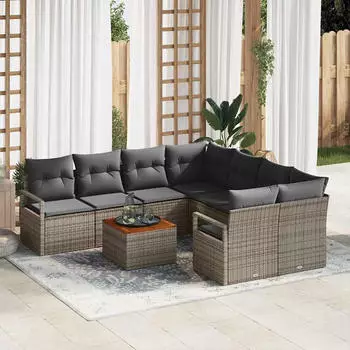 vidaXL Garten-Lounge-Set 9-tlg. mit Kissen, Poly-Rattan/Akazie, Grau (3347685)