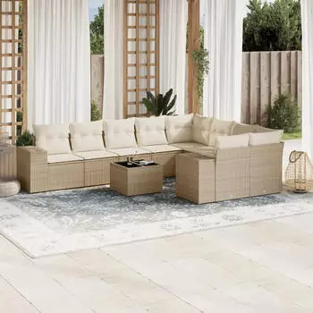 vidaXL Garten-Sofagarnitur 9-tlg. mit Kissen, Poly Rattan, Beige (3223038)