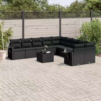vidaXL Garten-Sofagarnitur 11-tlg. mit Kissen, Poly Rattan, Schwarz (3253052)